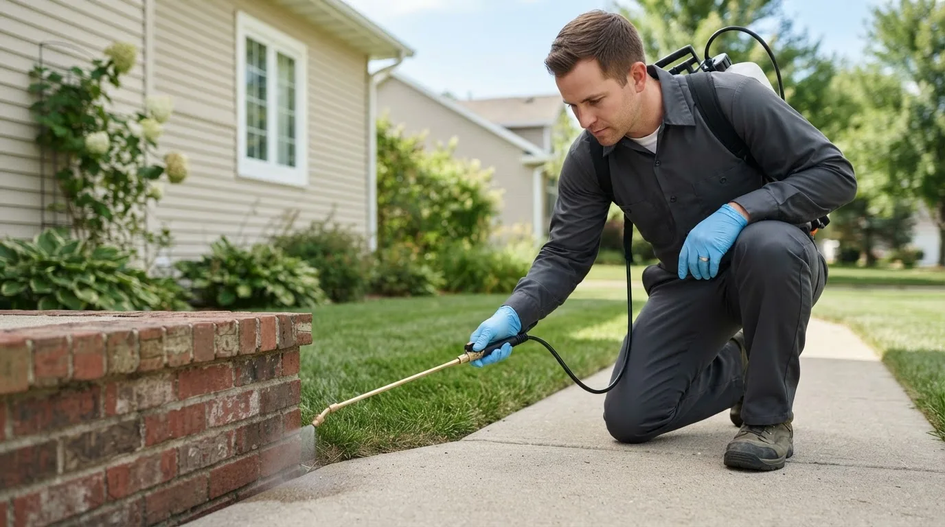 Pest control technician treating a home near Augusta, ME